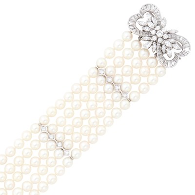 Lot 53 - Five Strand Cultured Pearl, Platinum and Diamond Bracelet