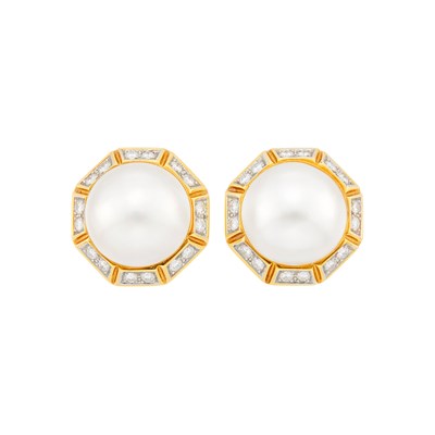 Lot 127 - Pair of Two-Color Gold, Mabé Pearl and Diamond Earclips