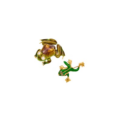 Lot 1051 - Two Gold, Enamel, Diamond and Sapphire Frog Brooches