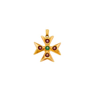 Lot 1011 - Gold, Ruby and Emerald Bead and Diamond Maltese Cross Pendant