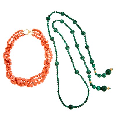 Lot 1173 - Multistrand Coral Bead Necklace with Gold Clasp and Long Malachite and Gilt-Metal Bead Lariat Necklace