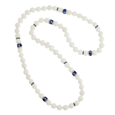 Lot 1157 - White Gold, White Jasper Bead, Sapphire and Diamond Necklace
