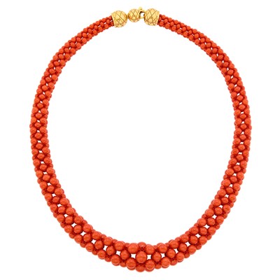 Lot 131 - Woven Coral Bead Necklace with Gold Clasp