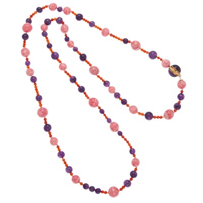Lot 1126 - Long Rhodochrosite, Amethyst and Carnelian Bead Necklace with Gold and Cabochon Amethyst Clasp