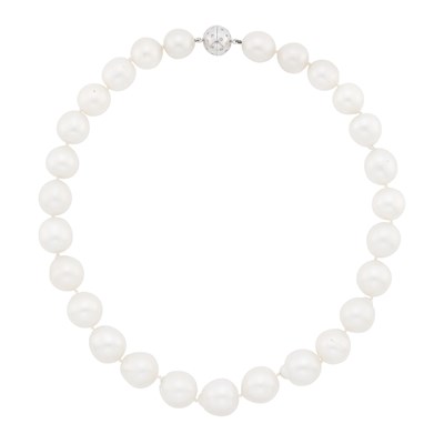 Lot 56 - Semi-Baroque South Sea Cultured Pearl Necklace with White Gold and Diamond Ball Clasp