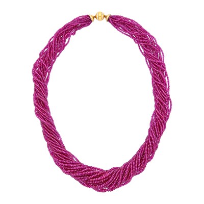 Lot 35 - Multistrand Ruby Bead Torsade Necklace with Gold and Diamond Clasp