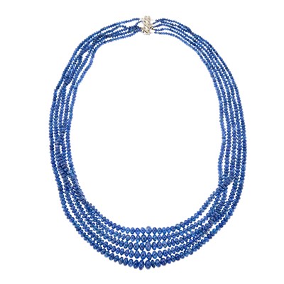 Lot 1065 - Multistrand Sapphire Bead Necklace with White Gold and Diamond Clasp
