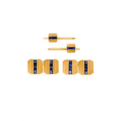 Lot 1212 - Pair of Gold and Synthetic Sapphire Cufflinks and Pair of Shirt Studs