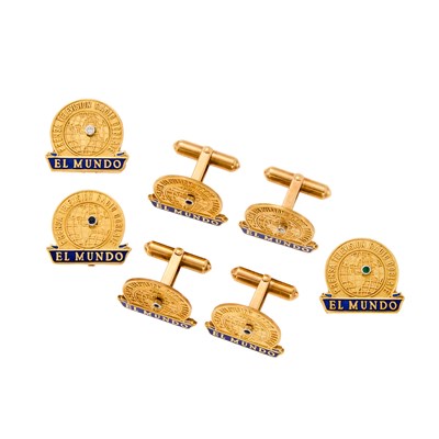 Lot 1198 - Three Pairs of Gold, Blue Enamel and Gem-Set Cufflinks and Tie Tac