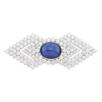Lot 70 - Platinum, Cabochon Sapphire and Diamond Clip-Brooch
