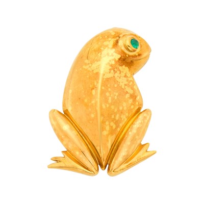 Lot 27 - Gold and Cabochon Emerald Frog Clip-Brooch