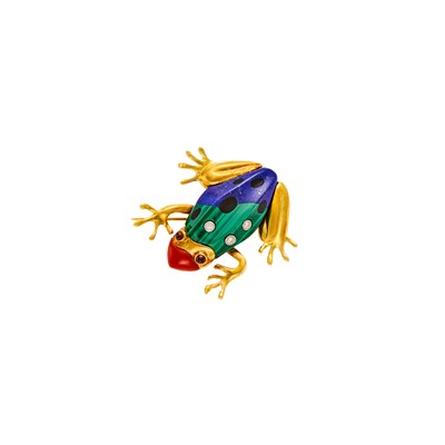 Lot 1008 - Asch Grossbardt Gold, Hardstone, Coral, Cabochon Ruby and Diamond Frog Brooch