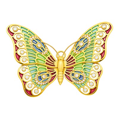 Lot 75 - Leo De Vroomen Gold, Plique-à-Jour Enamel and Diamond Butterfly Pendant-Brooch