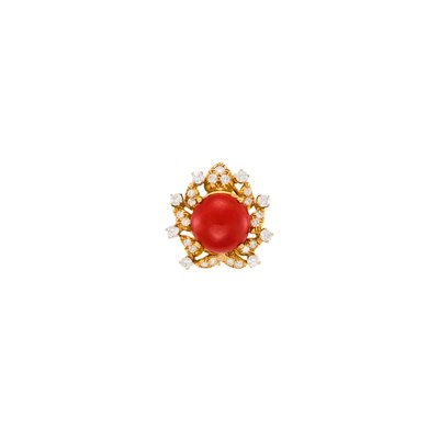 Lot 1170 - Single Two-Color Gold, Coral and Diamond Earclip