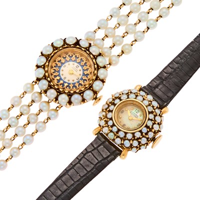 Lot 1089 - Lucien Piccard Two Gold and Cultured Pearl Wristwatches