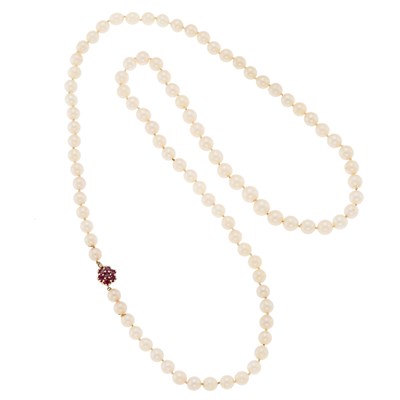 Lot 1228 - Long Cultured Pearl Necklace with Gold and Ruby Clasp