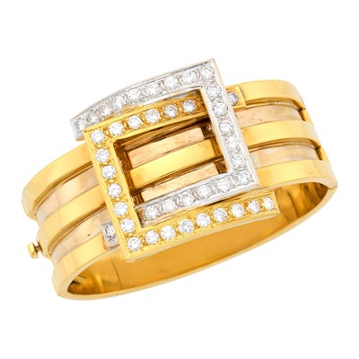 Lot 108 - Two-Color Gold and Diamond Buckle Cuff Bangle Bracelet