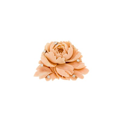 Lot 1166 - Gold, Carved Coral and Diamond Flower Pendant-Brooch
