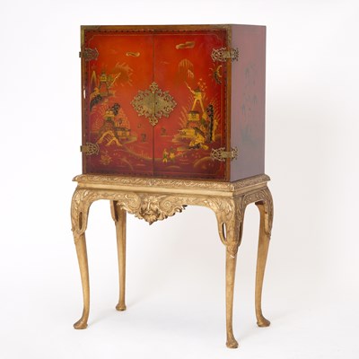 Lot 149 - George I Style Chinoiserie Decorated Red Lacquer Cabinet on a Gilt Stand