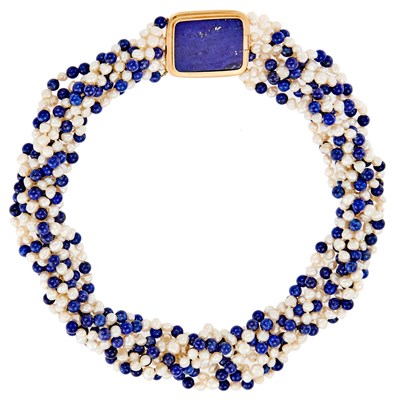 Lot 1195 - Gump's Eight Strand Freshwater Pearl, Lapis Bead Necklace with Gold and Lapis Clasp