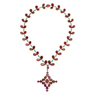 Lot 1082 - Antique Low Karat Gold, Garnet and Turquoise Necklace with Amethyst and Seed Pearl Pendant-Brooch