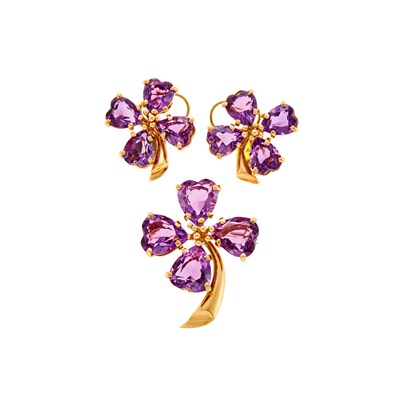 Lot 1215 - Pair of Gold and Amethyst 'Flower' Earrings and Brooch