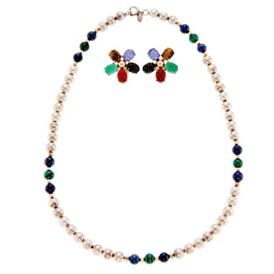 Lot 1250 - Pair of Gold and Carved Colored Stone Scarab Earclips and Silver, Gold, Lapis and Malachite Bead Necklace