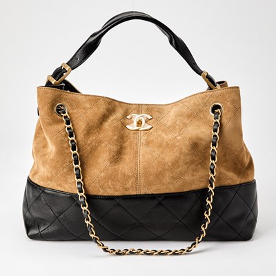 Lot 1223 - Chanel Tan Suede and Black Shiny Lambskin Leather Coco Base Shopping Bag