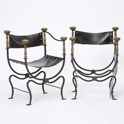 Lot 110 - Pair of Iron and Brass Campaign Chairs with Leather Seats