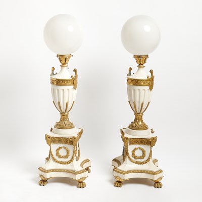 Lot 108 - Pair Empire Style Gilt-Metal Mounted Marble Composition Floor Lamps
