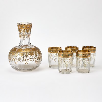 Lot 103 - Bohemian Gilt and Enameled Blown Glass Carafe and Five Tumblers