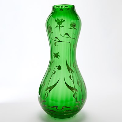 Lot 46 - French Art Nouveau Silver Overlay Molded Green Glass Vase