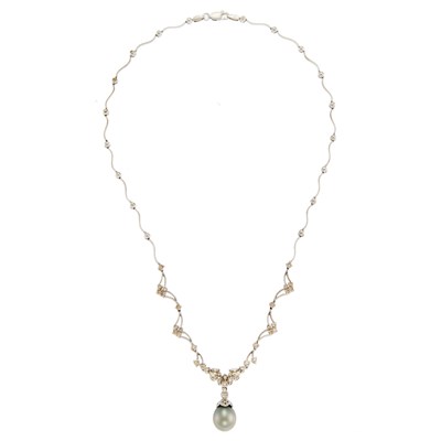 Lot 1114 - White Gold, Cultured Pearl and Diamond Pendant-Necklace