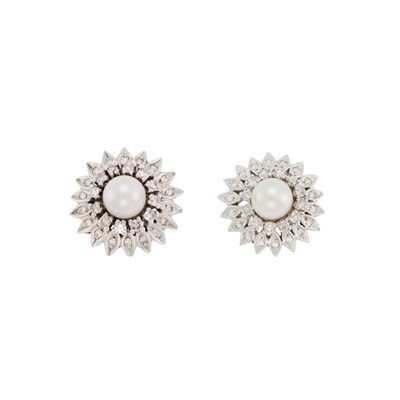 Lot 1121 - Pair of White Gold, Cultured Pearl and Diamond Earrings