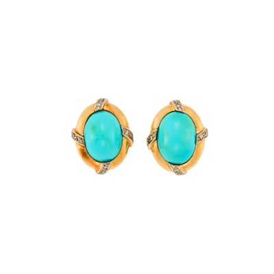 Lot 1212 - Pair of Two-Color Gold and Turquoise Earrings