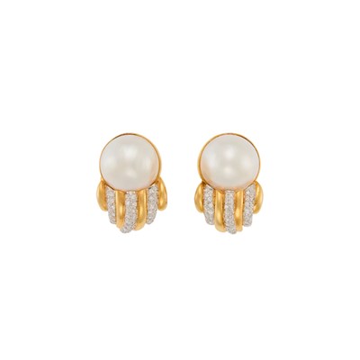 Lot 1227 - Pair of Two-Color Gold, Mabé Pearl and Diamond Earclips