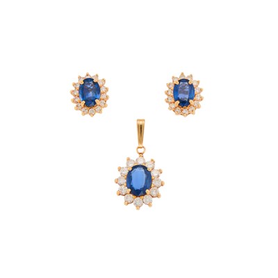 Lot 1201 - Pair of Gold, Sapphire and Diamond Earrings and Pendant