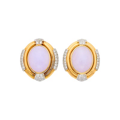 Lot 69 - Pair of Two-Color Gold, Lavender Jade and Diamond Earclips