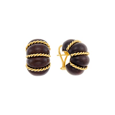 Lot Seaman Schepps Pair of Gold and Wood 'Shrimp' Earrings