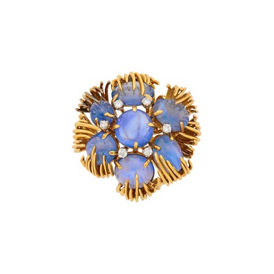 Lot 97 - Gold, Cabochon Sapphire and Diamond Clip-Brooch