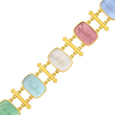 Lot 177 - Elizabeth Locke Hammered Gold, Multicolored Venetian Glass Intaglio and Mother-of-Pearl 'Muse' Link Bracelet