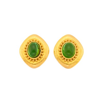 Lot 168 - Elizabeth Locke Pair of Hammered Gold and Cabochon Tourmaline Earclips