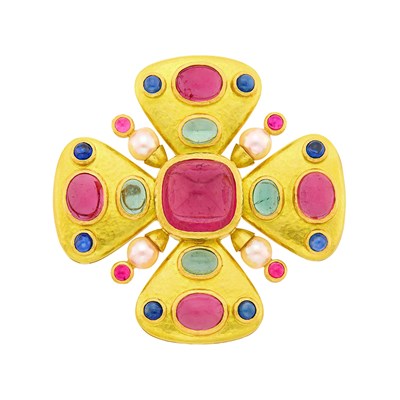 Lot 182 - Elizabeth Locke Hammered Gold, Cabochon Pink Tourmaline, Gem-Set and Cultured Pearl Maltese Cross Pendant Clip-Brooch
