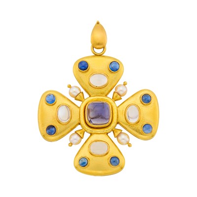 Lot 174 - Elizabeth Locke Hammered Gold, Cabochon Iolite, Sapphire, Moonstone and Cultured Pearl Maltese Cross Pendant Clip-Brooch
