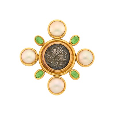 Lot 24 - Elizabeth Locke Gold, Silver Coin, Mabé Pearl and Cabochon Green Garnet Maltese Cross Clip-Brooch