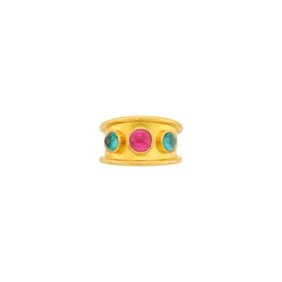 Lot 166 - Elizabeth Locke Wide Hammered Gold and Multicolored Cabochon Tourmaline Ring