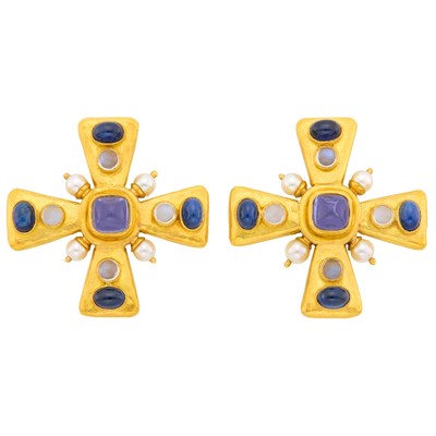 Lot 172 - Elizabeth Locke Pair of Gold, Cabochon Iolite, Sapphire, Moonstone and Cultured Pearl Maltese Cross Earclips