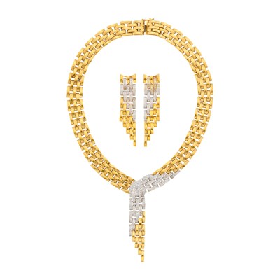 Lot 101 - Two-Color Gold and Diamond Necklace and Pair of Pendant-Earclips