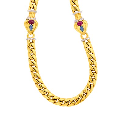 Lot 125 - Long Two-Color Gold, Cabochon Ruby, Sapphire and Diamond Curb Link Necklace/Bracelet Combination