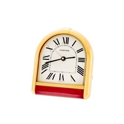 Lot 1262 - Cartier Gilt-Metal and Red Lacquer 'Romane' Traveling Alarm Clock